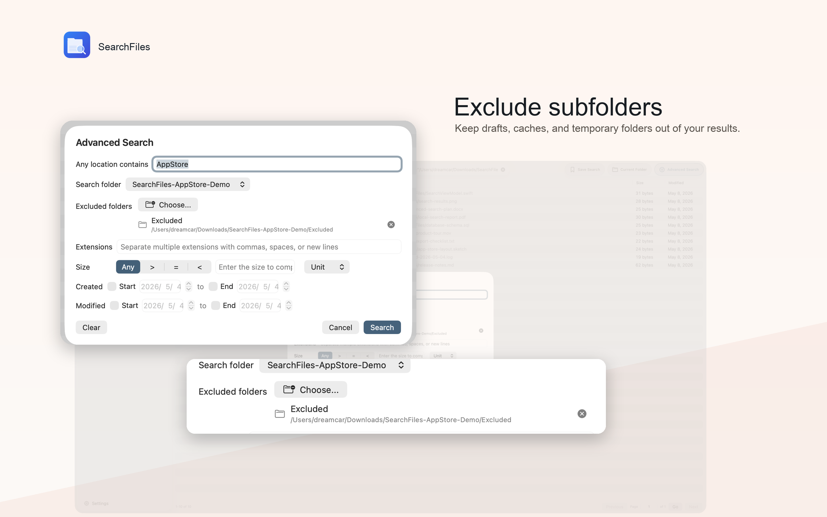SearchFiles 1.1 subfolder exclusion screenshot